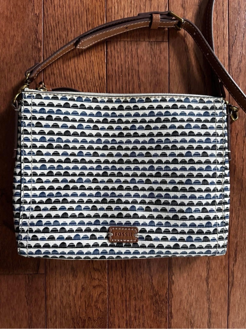 Fossil Navy and White Patterned Crossbody with Brown Strap